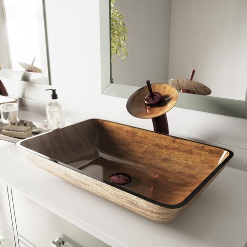 Main product image of Donatello Glass 23" x 15" x 5" Rectangular Vessel Bathroom Sink (Wooden Brown)