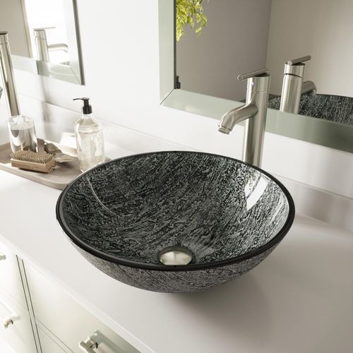 Main product image of Giovanni Glass 17" x 17" x 6" Round Vessel Bathroom Sink (Titanium Gray)