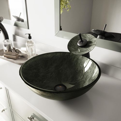 Main product image of Giovanni Glass 17" x 17" x 6" Round Vessel Bathroom Sink (Onyx Gray)
