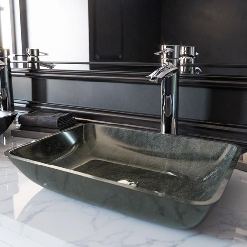 Main product image of Donatello Glass 18" 13" x 4" Rectangular Vessel Bathroom Sink (Artistic Onyx Gray)