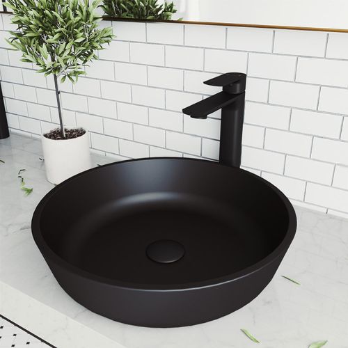 Main product image of Noma Glass 17" x 17" x 4" Round Vessel Bathroom Sink (Black MatteShell)