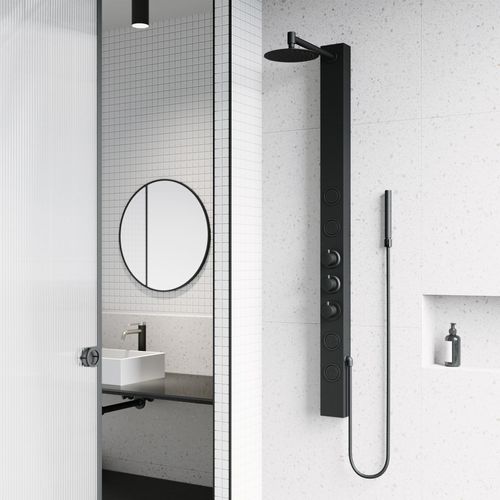 Main product image of Sutton 4-Jet Shower Panel System w/ Adj. Round Head & Shower Wand, 1.8 GPM (Matte Black)
