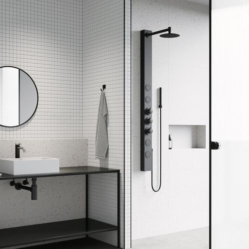 Main product image of Sutton 4-Jet Shower Panel System w/ Adj. Round Head & Shower Wand, 1.8 GPM (Matte Black)