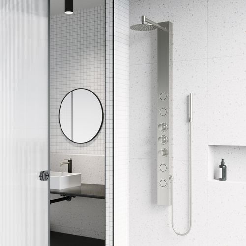 Main product image of Sutton 4-Jet Shower Panel System w/ Adj. Round Head & Shower Wand, 1.8 GPM (Stainless Steel)