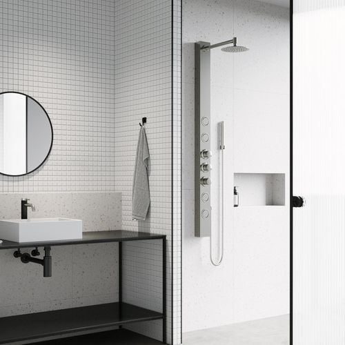 Main product image of Sutton 4-Jet Shower Panel System w/ Adj. Round Head & Shower Wand, 1.8 GPM (Stainless Steel)