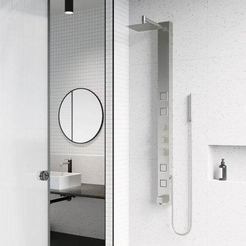Main product image of Bowery 4-Jet Shower Panel System w/ Square Head, Tub Filler & Shower Wand, 1.8 GPM (SS)