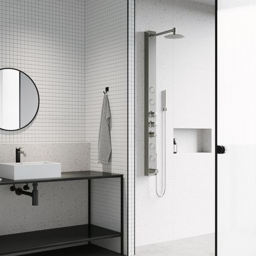 Main product image of Bowery 58" x 4"4-Jet Shower Panel System w/ Round Head, Tub Filler & Shower Wand, 1.8 GPM (SS)