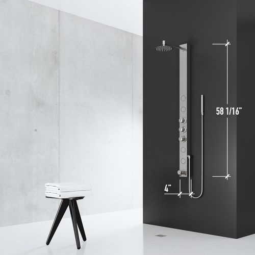 Main product image of Bowery 58" x 4"4-Jet Shower Panel System w/ Round Head, Tub Filler & Shower Wand, 1.8 GPM (SS)