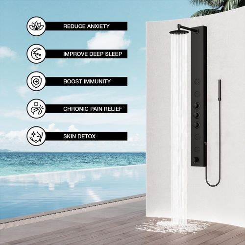 Main product image of Bowery 4-Jet Shower Panel System w/ Round Head, Tub Filler & Shower Wand, 1.8 GPM (Matte Black)
