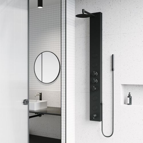 Main product image of Bowery 4-Jet Shower Panel System w/ Round Head, Tub Filler & Shower Wand, 1.8 GPM (Matte Black)