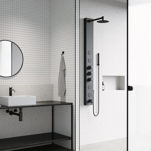 Main product image of Bowery 4-Jet Shower Panel System w/ Round Head, Tub Filler & Shower Wand, 1.8 GPM (Matte Black)