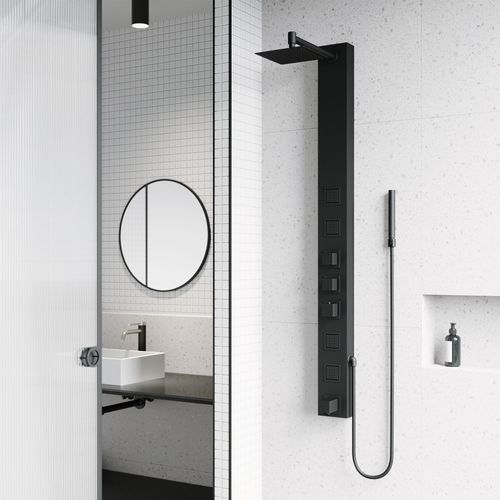 Main product image of Bowery 4-Jet Shower Panel System, Square Rainhead, Tub Filler & Wand, 1.8 GPM (Matte Black)