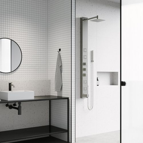 Main product image of Bowery 4-Jet Shower Panel System w/ Square Rainhead, Tub Filler & Hand Shower, 1.8 GPM (SS)