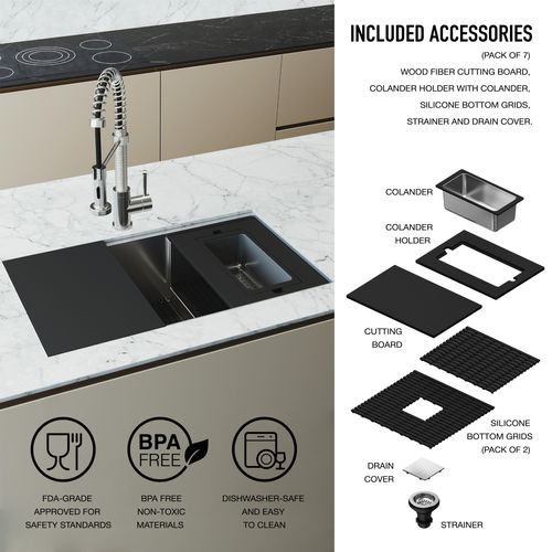 Main product image of Hampton SS 32" x 17" x 10" Single Bowl Undermount Workstation Sink, Utility Ledge & Accessories