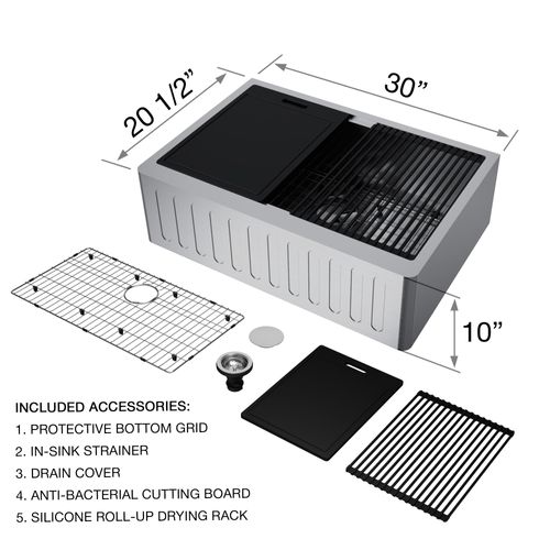 Main product image of Handmade Stainless Steel 30" x 21" x 10" Single BowlFarmhouse Sink Workstation w/ Accessories