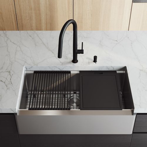 Main product image of Handmade Stainless Steel 36" x 20.5" x 10" Single Bowl Farmhouse Sink Workstation w/ Accessories