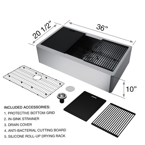 Main product image of Handmade Stainless Steel 36" x 20.5" x 10" Single Bowl Farmhouse Sink Workstation w/ Accessories
