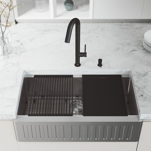Main product image of Handmade Stainless Steel 36" x 21" x 10" Single Bowl Farmhouse Sink Workstation w/ Accessories