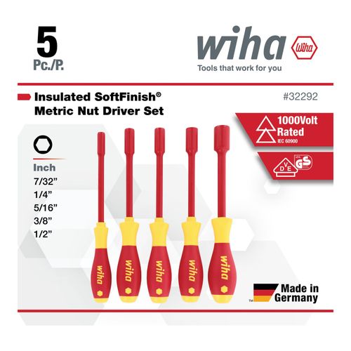 Main product image of 5-Piece SoftFinish Nut Driver Set, 7/32" to 1/2" Inch, Solid Shaft, 32292