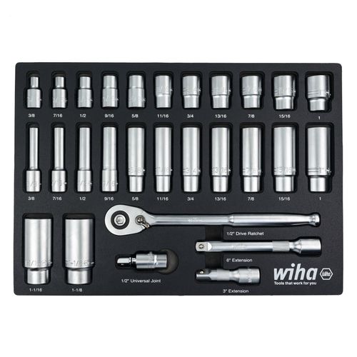 Main product image of 28-Piece, 1/2" Drive Standard and Deep Socket Tray Set - SAE