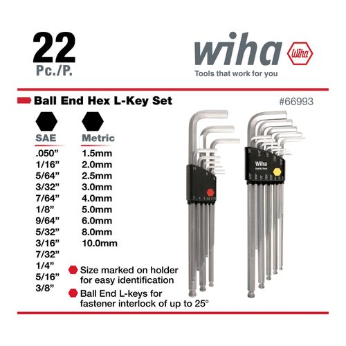 Main product image of 22-Piece Ball End Hex L-Key Set, SAE/Metric, 66993