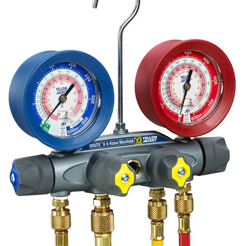 Main product image of Brute II 4-Valve 3-1/8" Test & Charging Manifold Gauge w/ PLUS II 1/4" Hoses, R-32/454B/410A