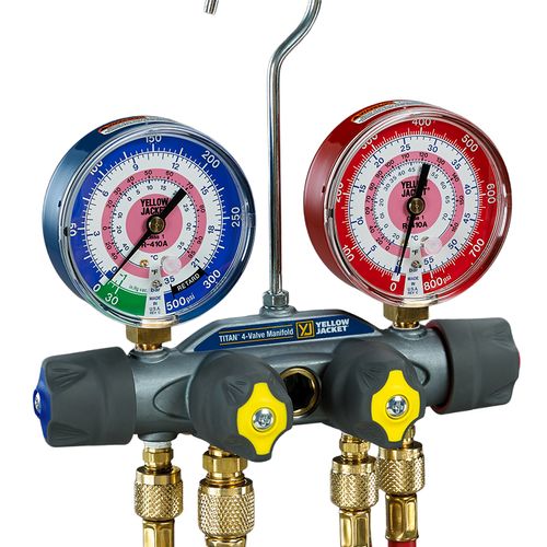 Main product image of Titan 4 Valve Test & Charging Manifold w/ 60" PLUS II Compact Ball Valve RYB